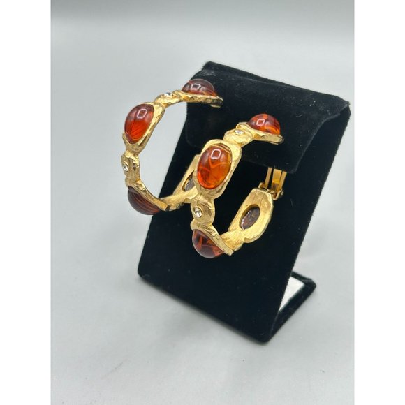 Signed Kenneth Lane Clip On Hoops Earrings Flawed Faux Carnelian Cabochons - Picture 4 of 9